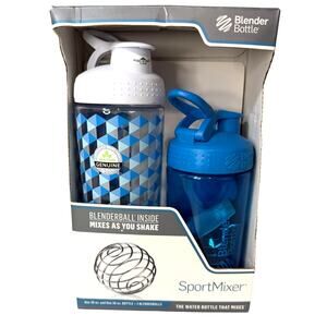 NIB 2 Pack BlenderBottle SportMixer 28oz & 20oz Blue Gray Shaker Cups w/ Balls